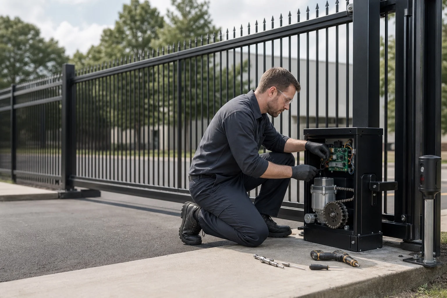 Technician inspecting a sagging gate and operator connection
