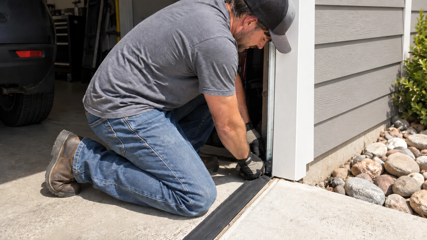 Technician installing a waterproof threshold seal at a garage door