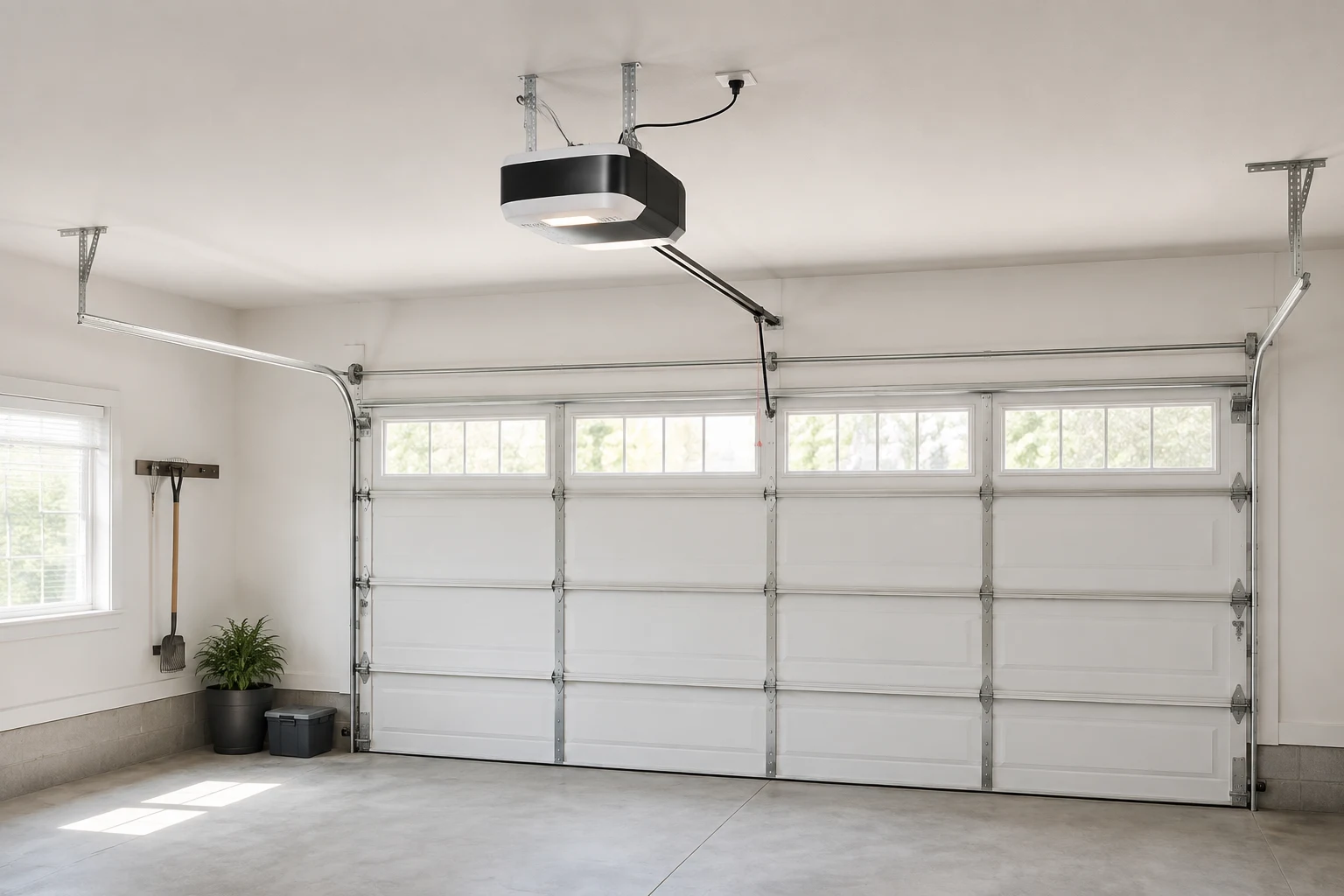 White carriage house garage doors on a Kentucky home in morning light
