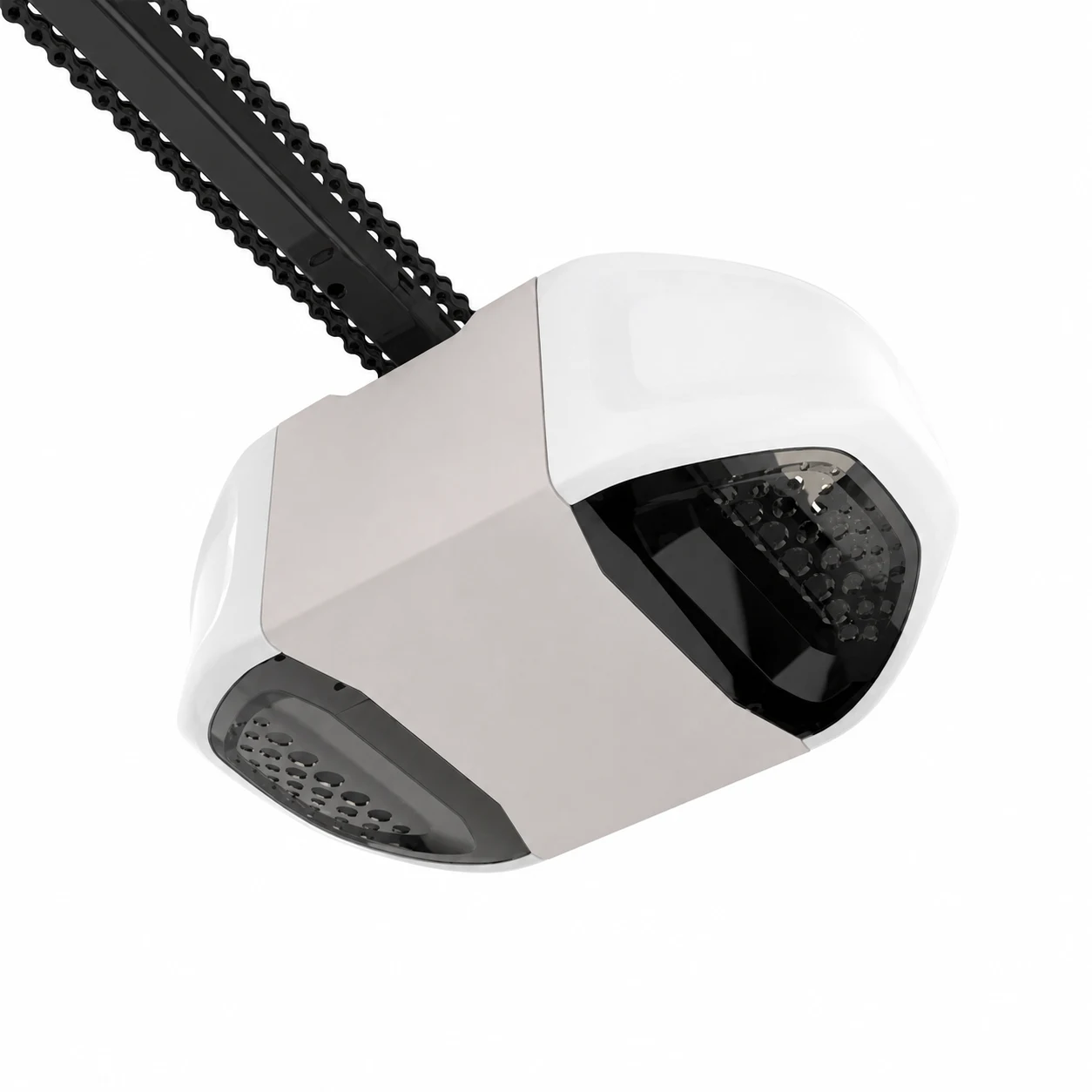 White chain-drive garage door opener with chain and center rail