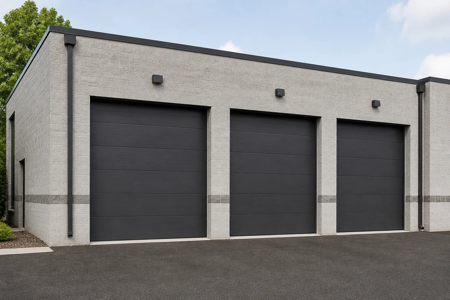 Three charcoal commercial overhead doors on a service-bay building