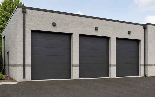 Three charcoal commercial overhead doors on a modern facility