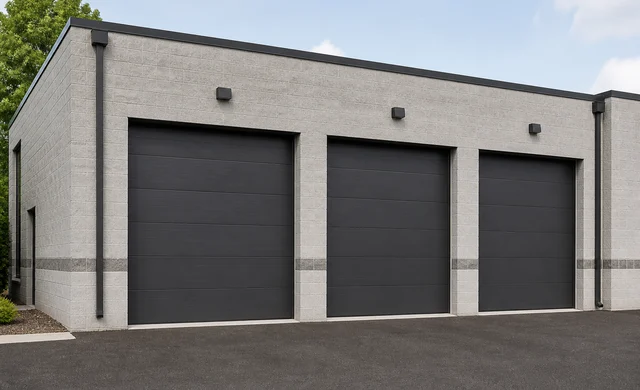 Three charcoal commercial overhead doors on a modern facility