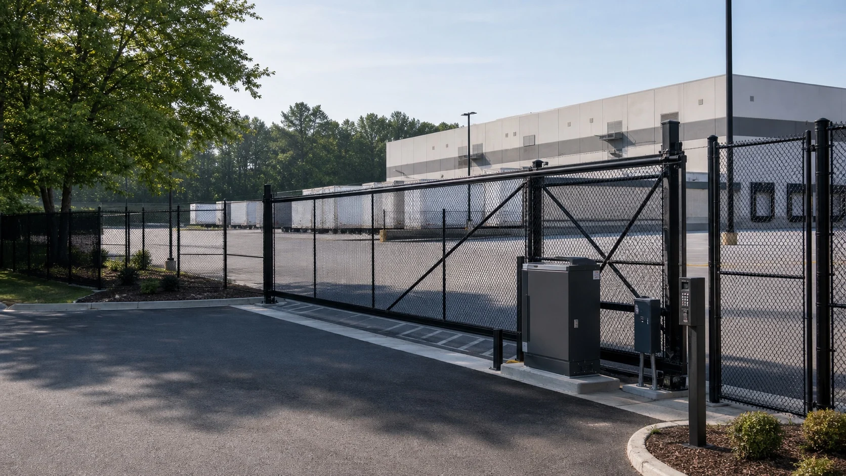 Commercial cantilever sliding gate at a warehouse entrance
