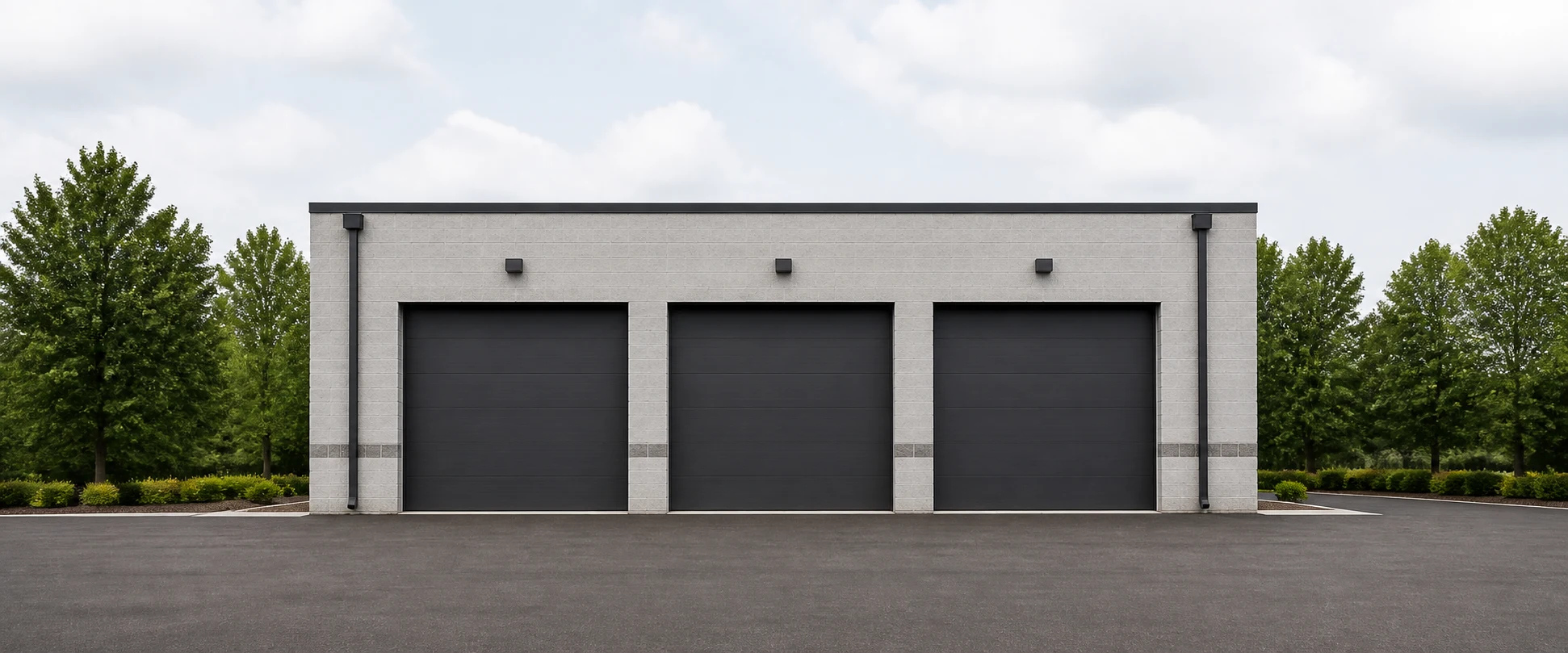 Commercial building with three charcoal sectional overhead doors