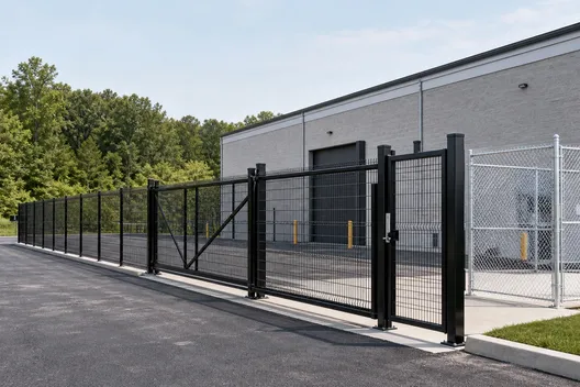 Black steel security fence and gate at a commercial site