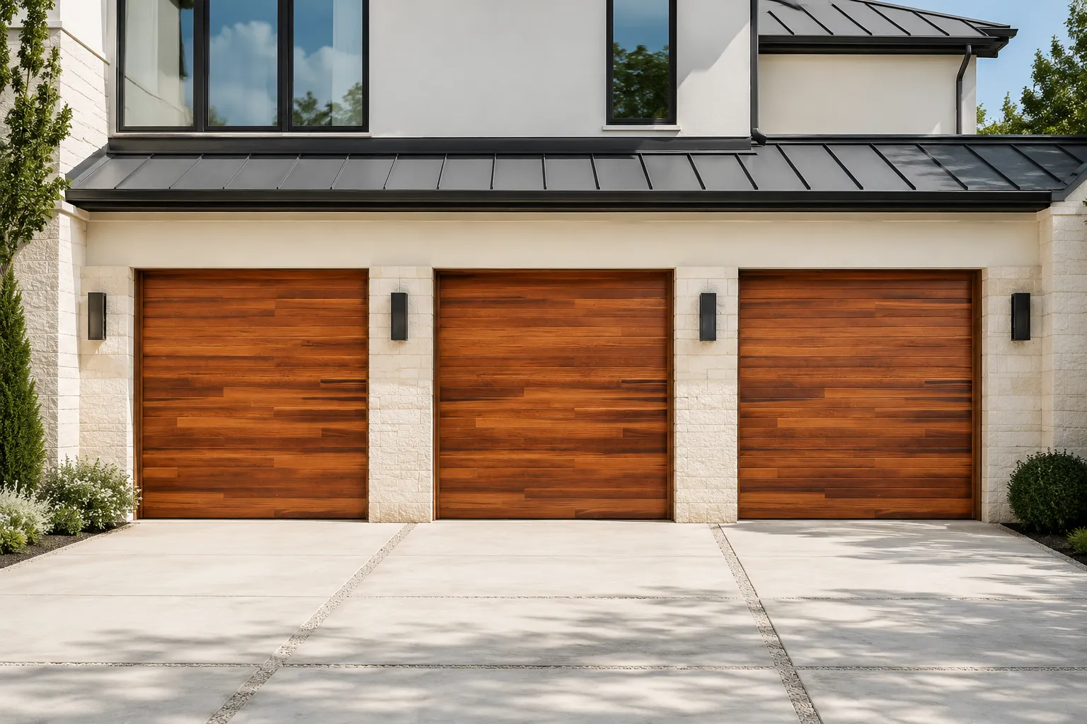 Three wood-look composite garage doors on a modern white stone home