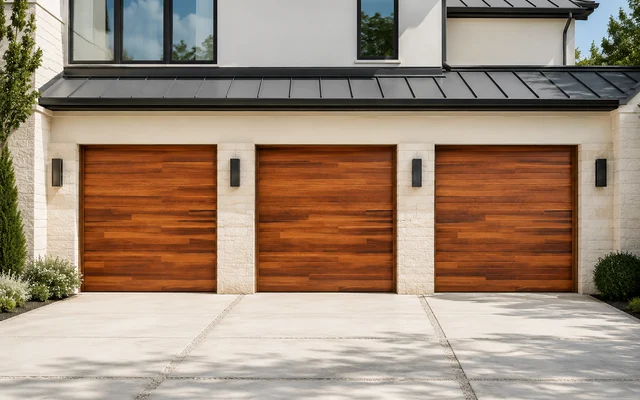 Walnut composite overlay garage doors with top windows