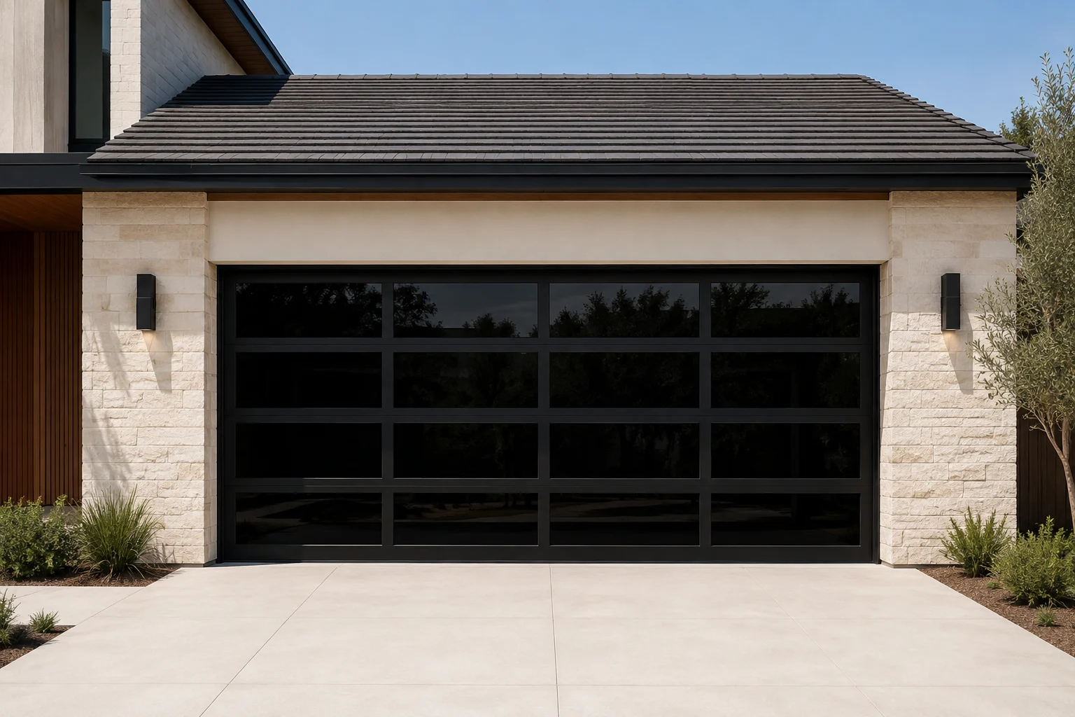 Modern full-view garage door with dark frame and tinted glass
