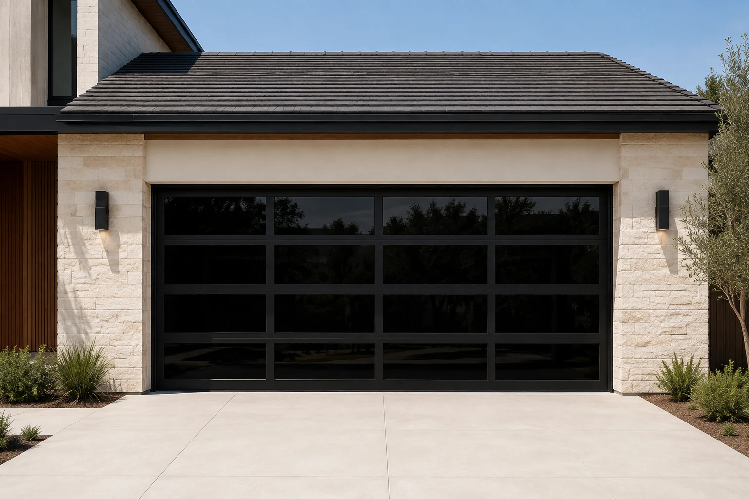 Modern full-view garage door with dark frame and tinted glass