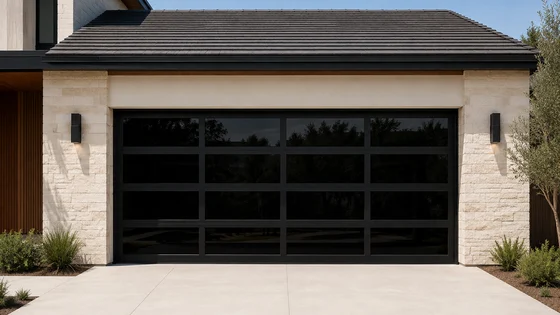Modern dark aluminum garage door with tinted glass panels