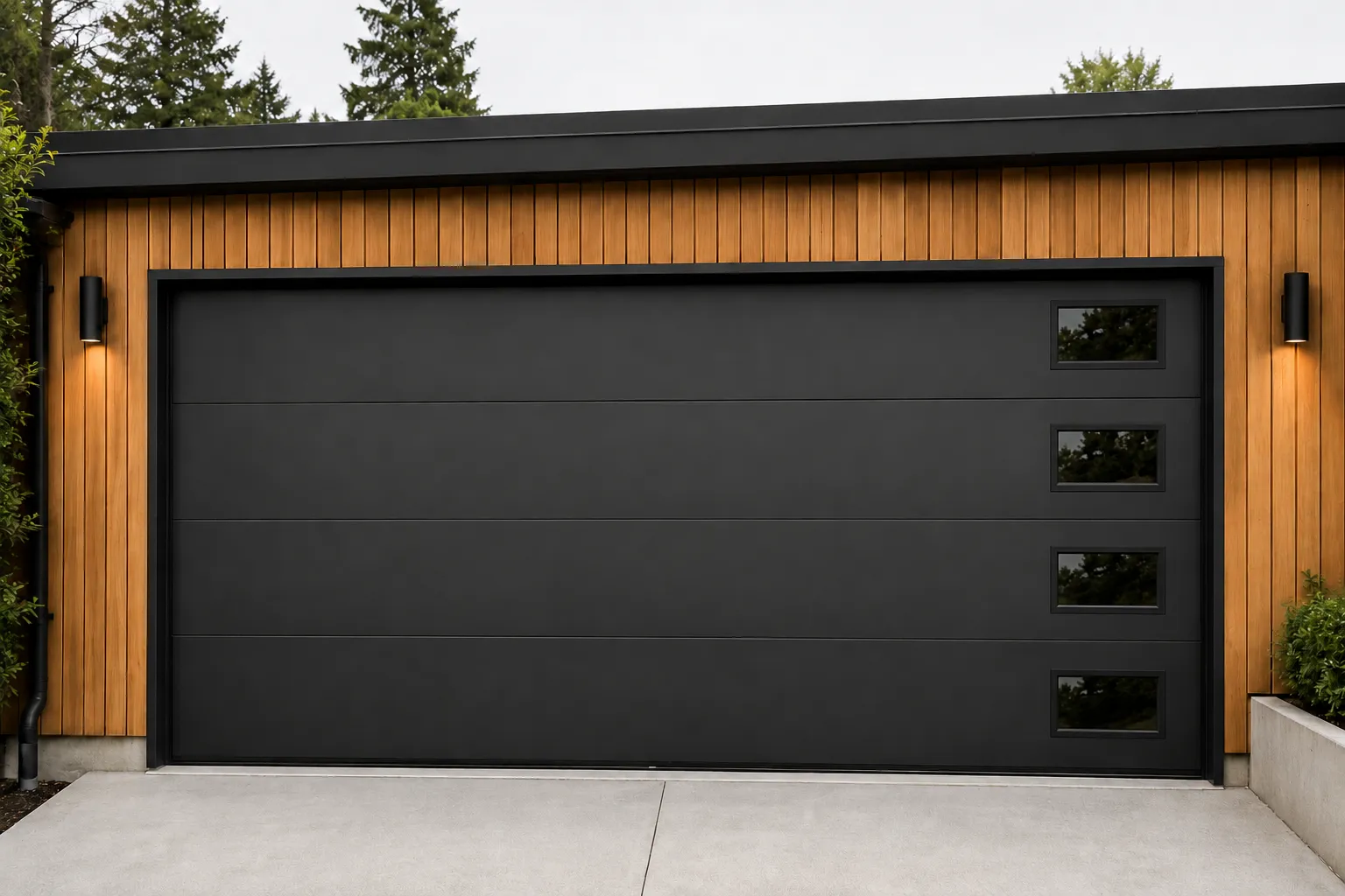 Black flush steel garage door with a vertical row of windows