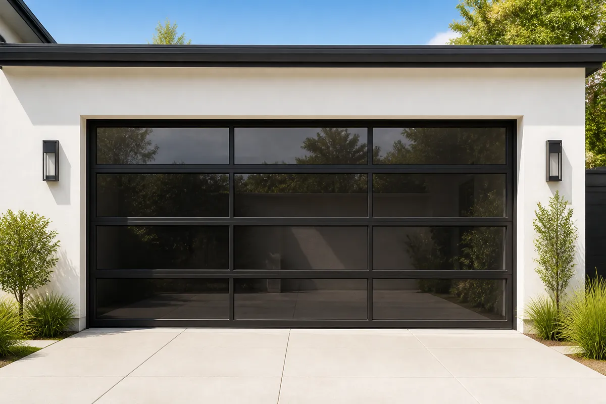Contemporary garage exterior with dark frames and modern door lines