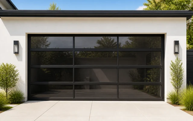 Modern black full-view garage door on a bright exterior