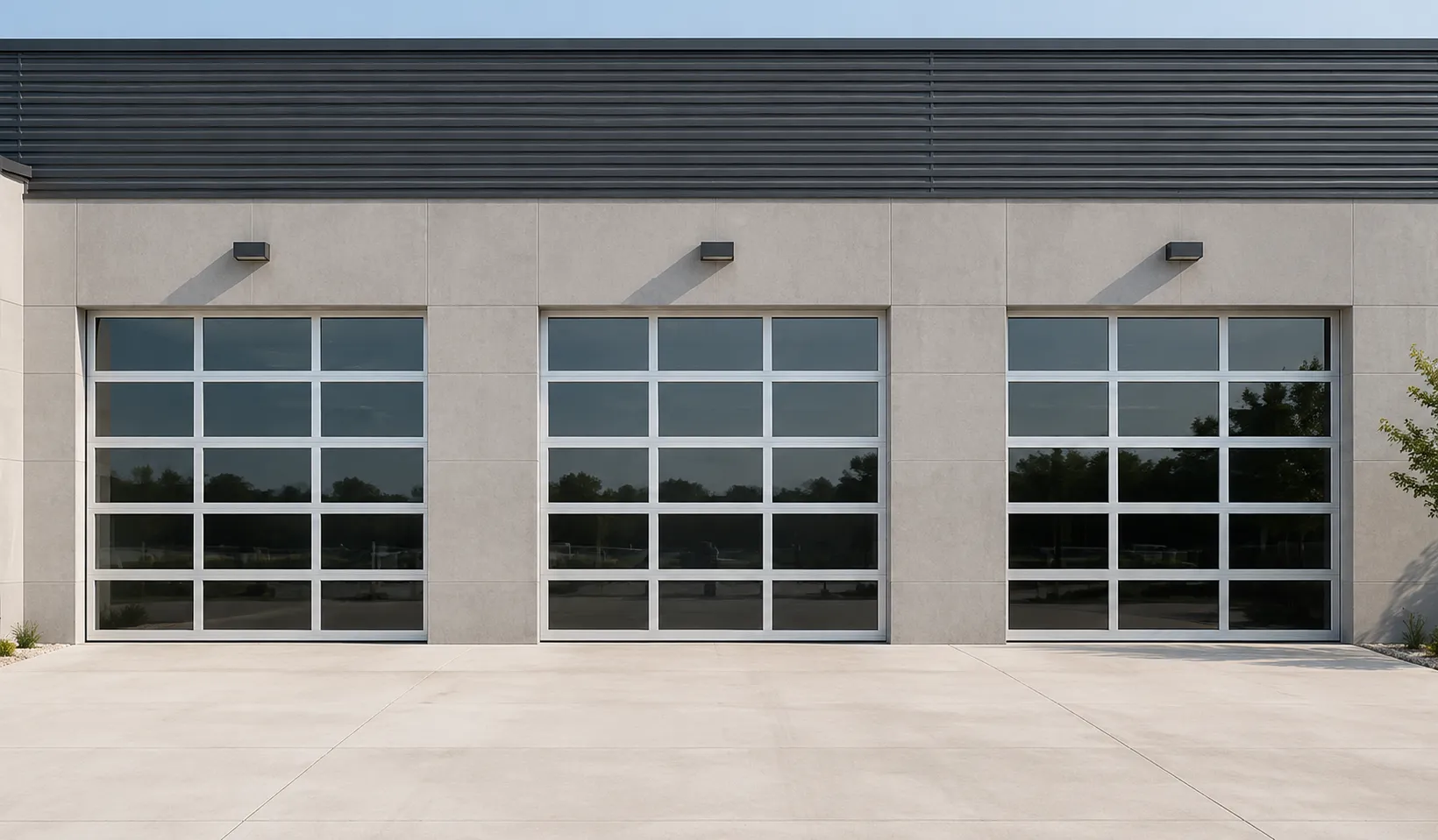 Three aluminum full-view service-bay doors with dark glass