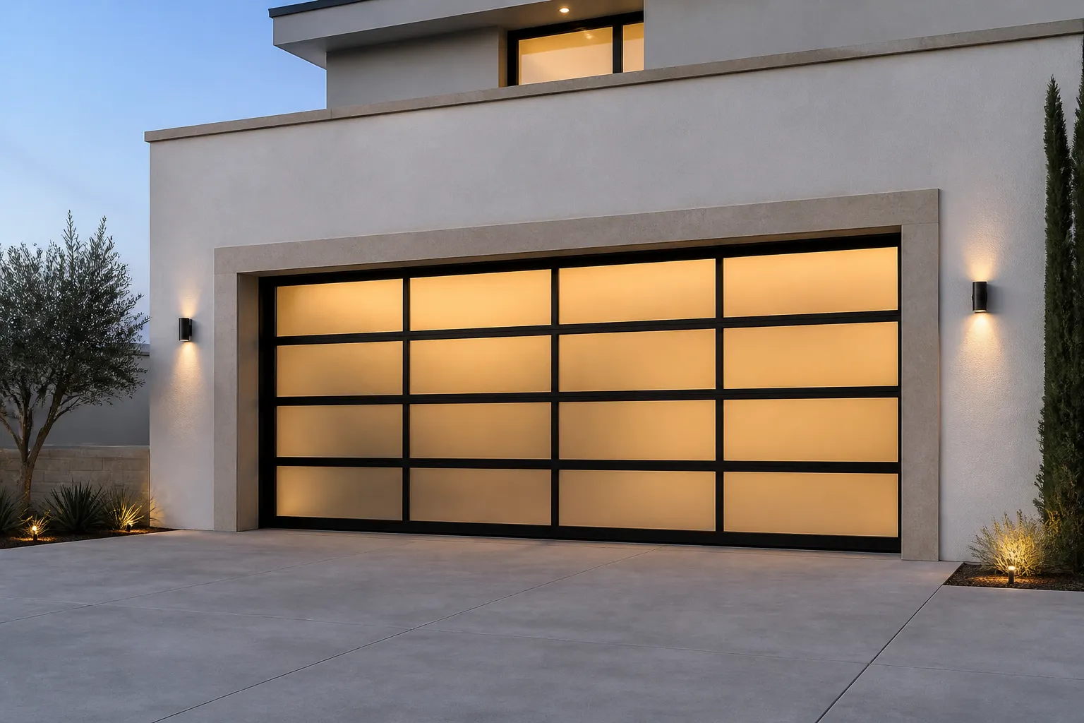 Glowing full-view aluminum garage door with frosted privacy glass