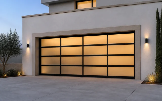Black full-view glass garage door with a warm interior glow