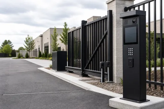 Gate access control keypad beside a black steel gate