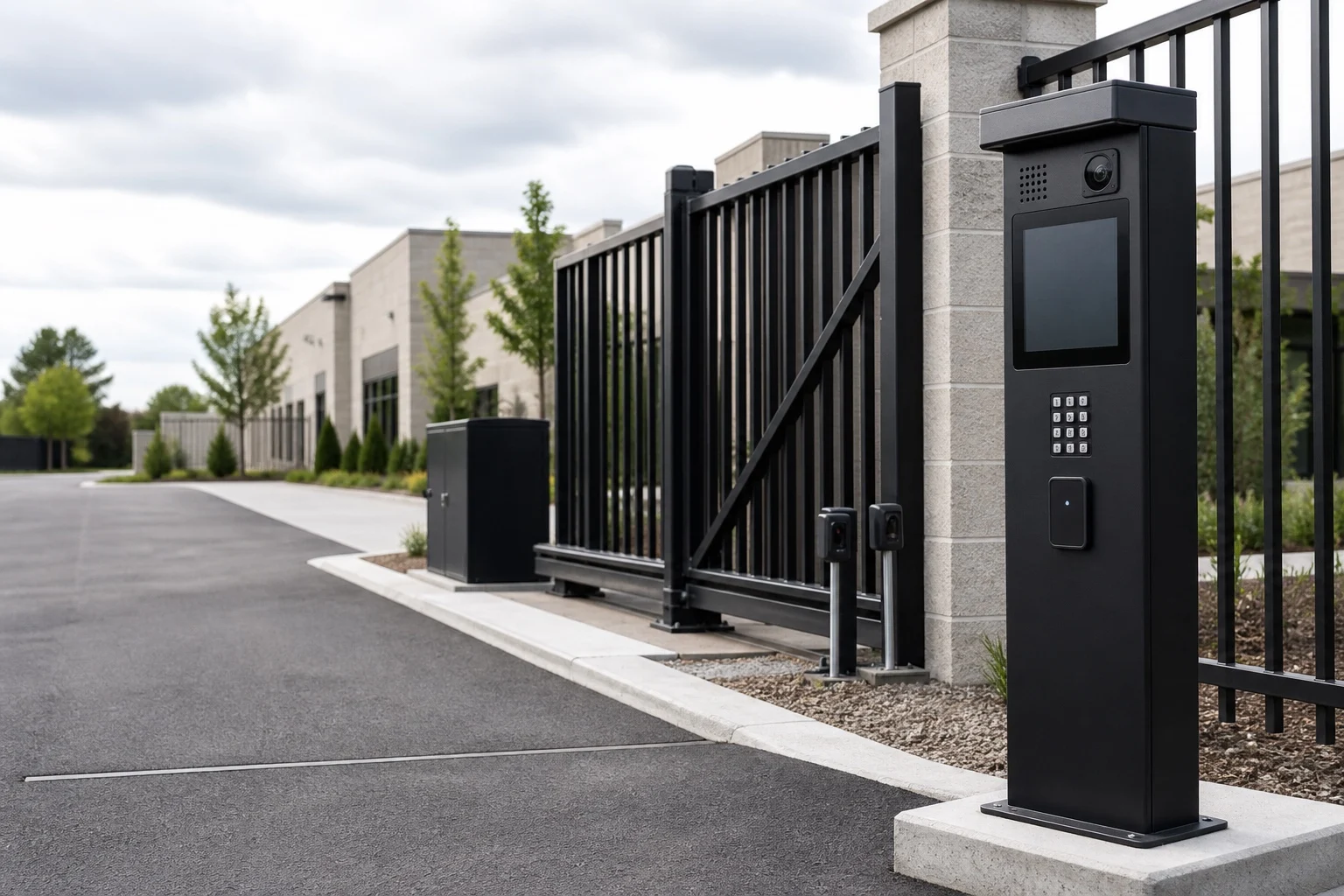 Gate intercom, keypad, credential reader, and operator controls