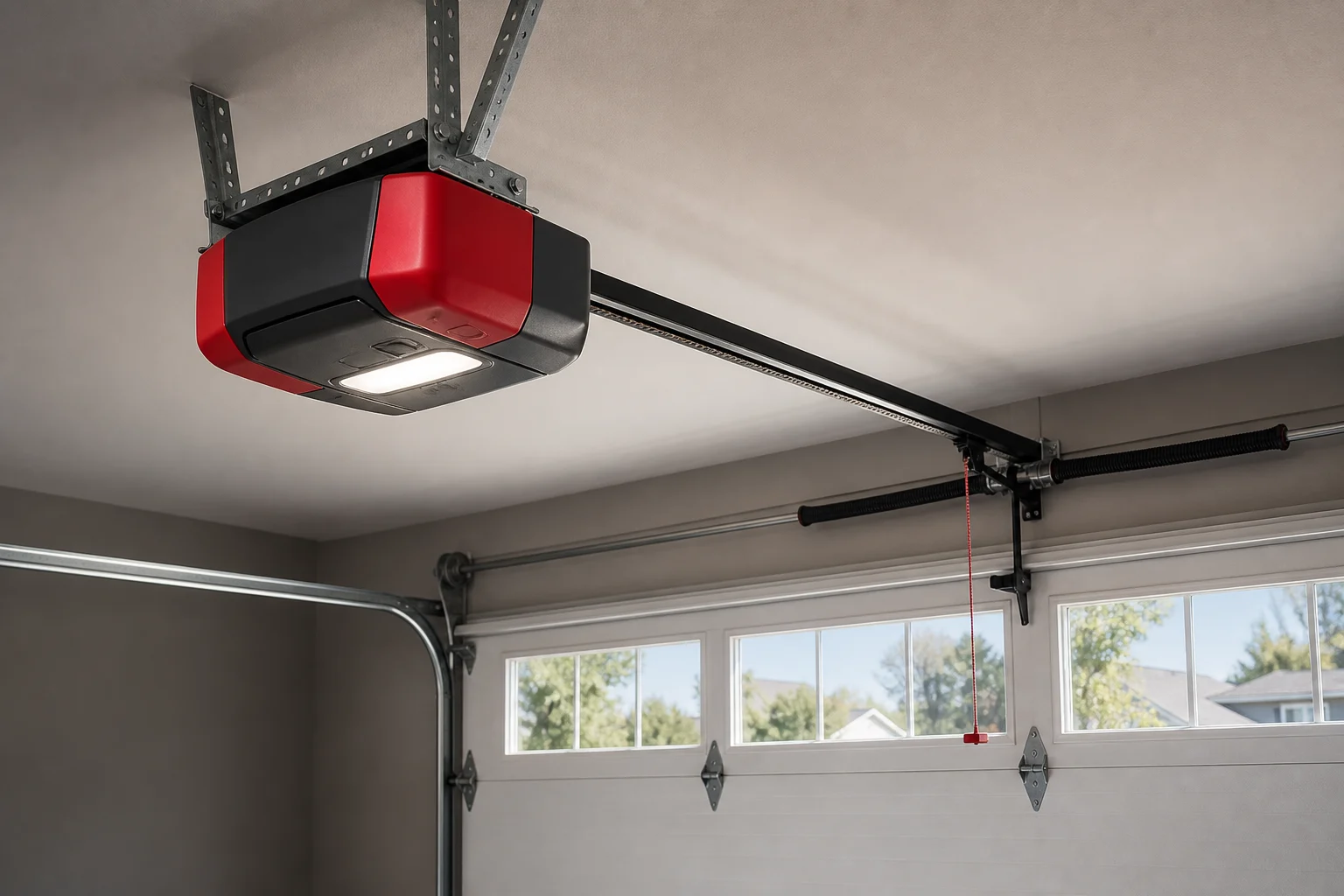 Technician servicing a residential garage door opener