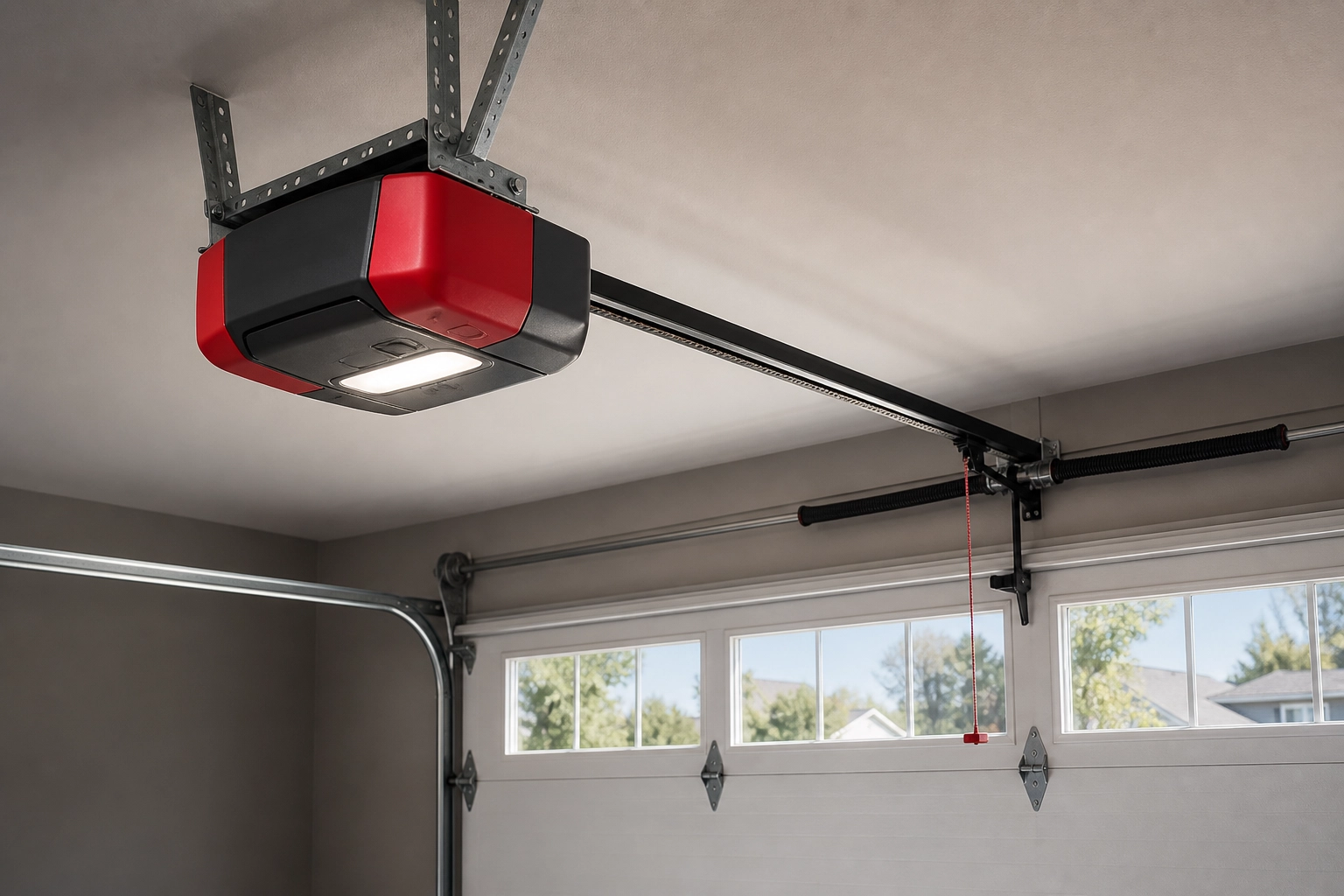Technician servicing a residential garage door opener