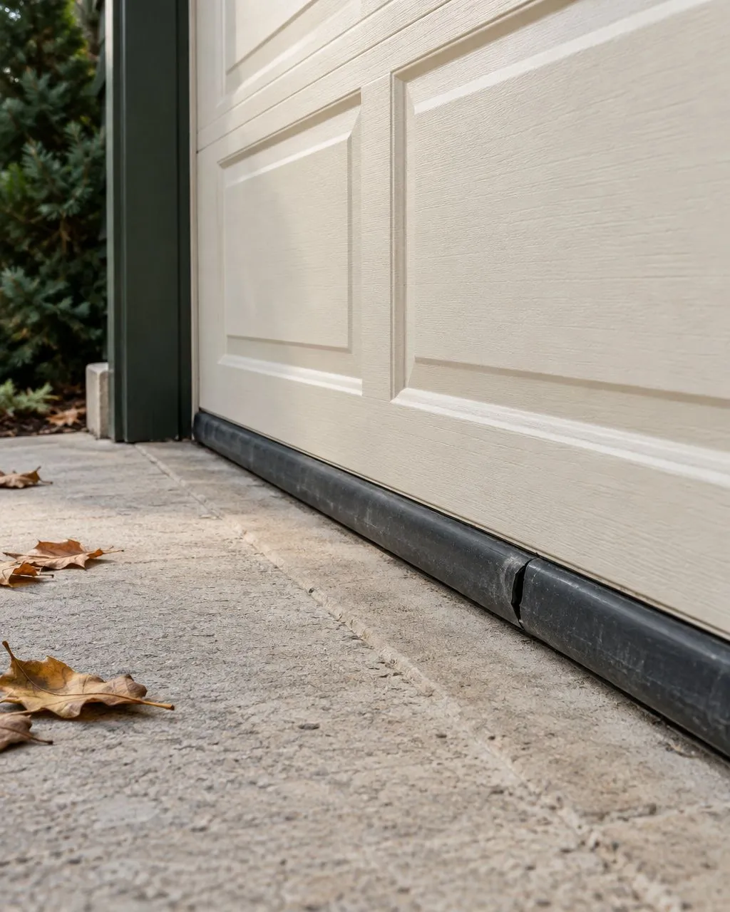 AI-generated close-up of a split rubber bottom seal on a garage door