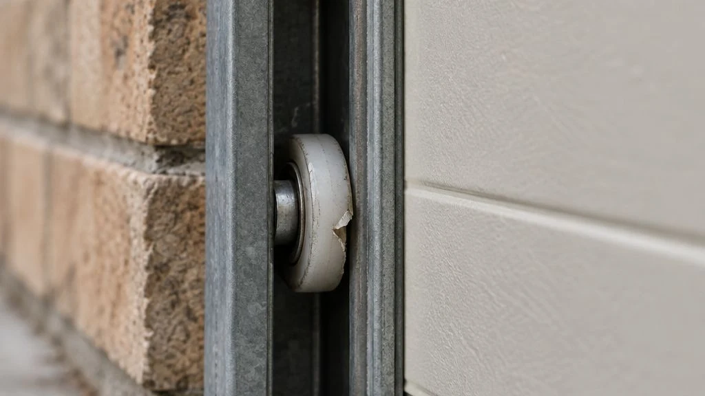 AI-generated close-up of worn nylon garage door rollers in a track