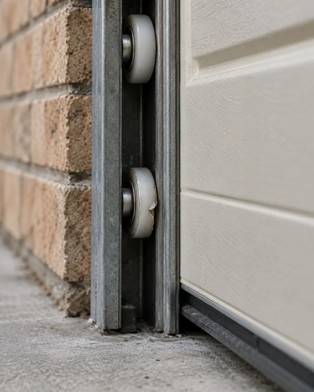 AI-generated close-up of worn nylon garage door rollers in a track