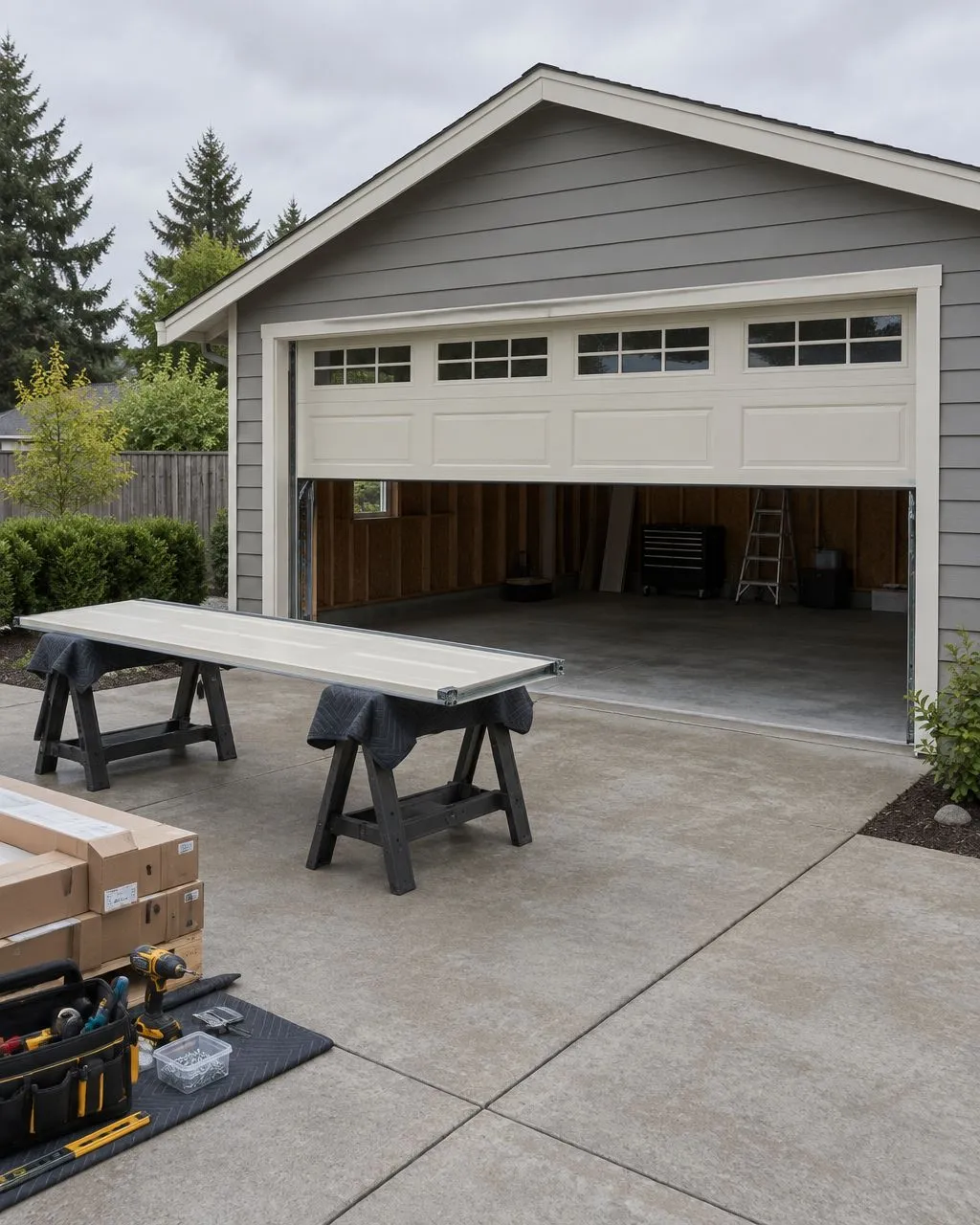 AI-generated image of a garage door mid-installation, parts staged