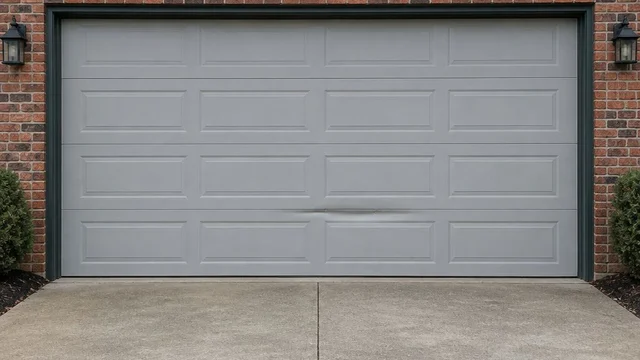 AI-generated image of a gray garage door with a creased lower panel