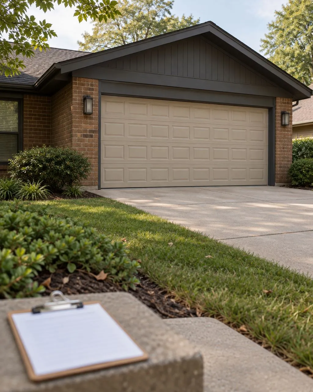AI-generated image of a home garage door with an approval clipboard