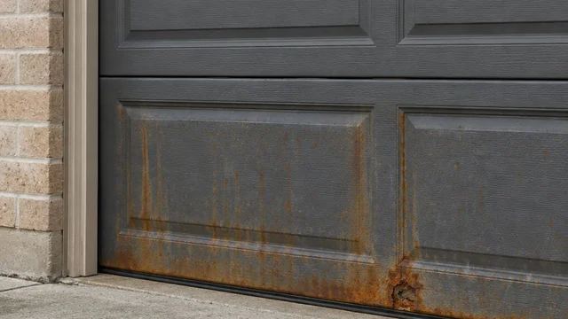 AI-generated image of surface rust streaks on a closed garage door