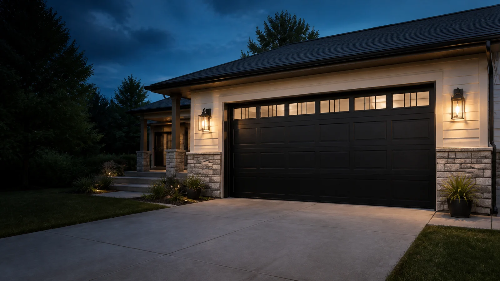 Black traditional steel garage door on a Kentucky home at dusk
