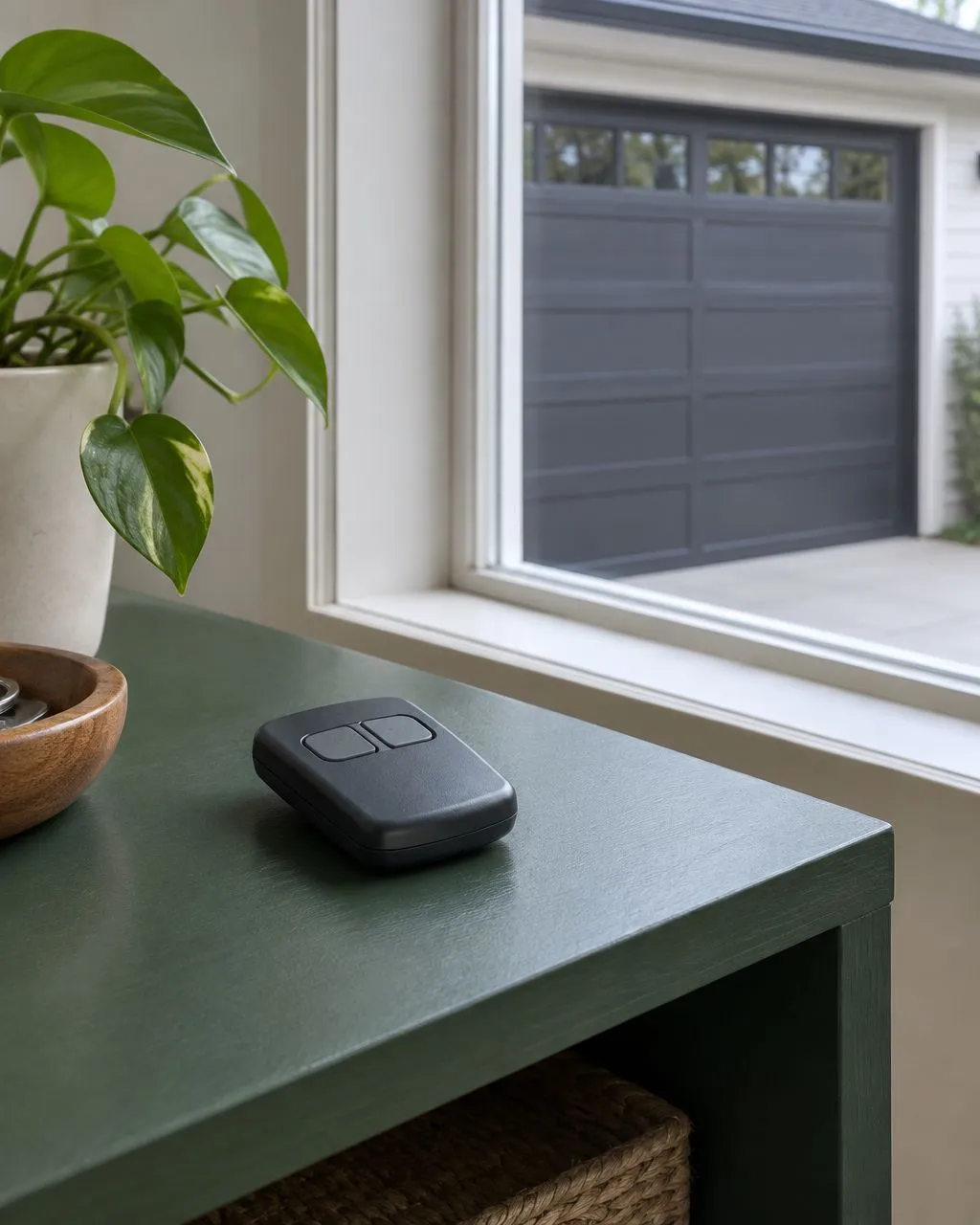 AI-generated image of an unbranded remote near a closed garage door