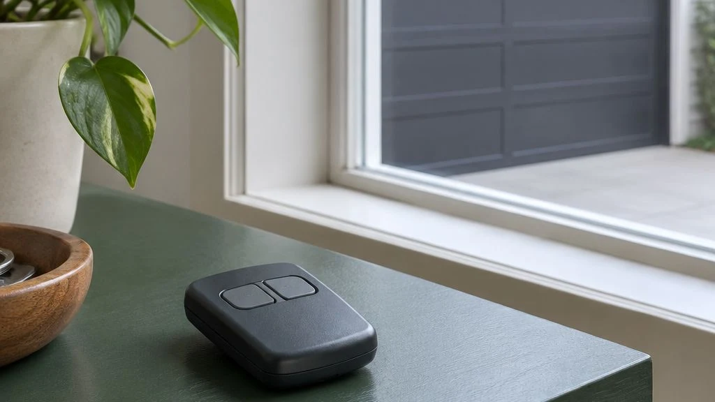 AI-generated image of an unbranded remote near a closed garage door