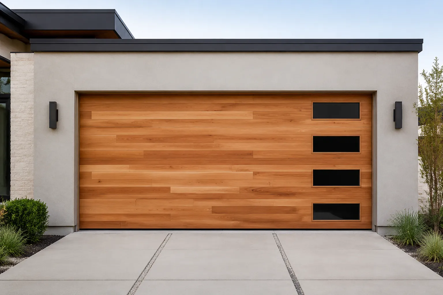Warm wood horizontal-plank garage door with four stacked windows