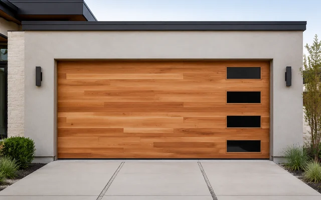 Horizontal wood-look plank garage door with a vertical window stack