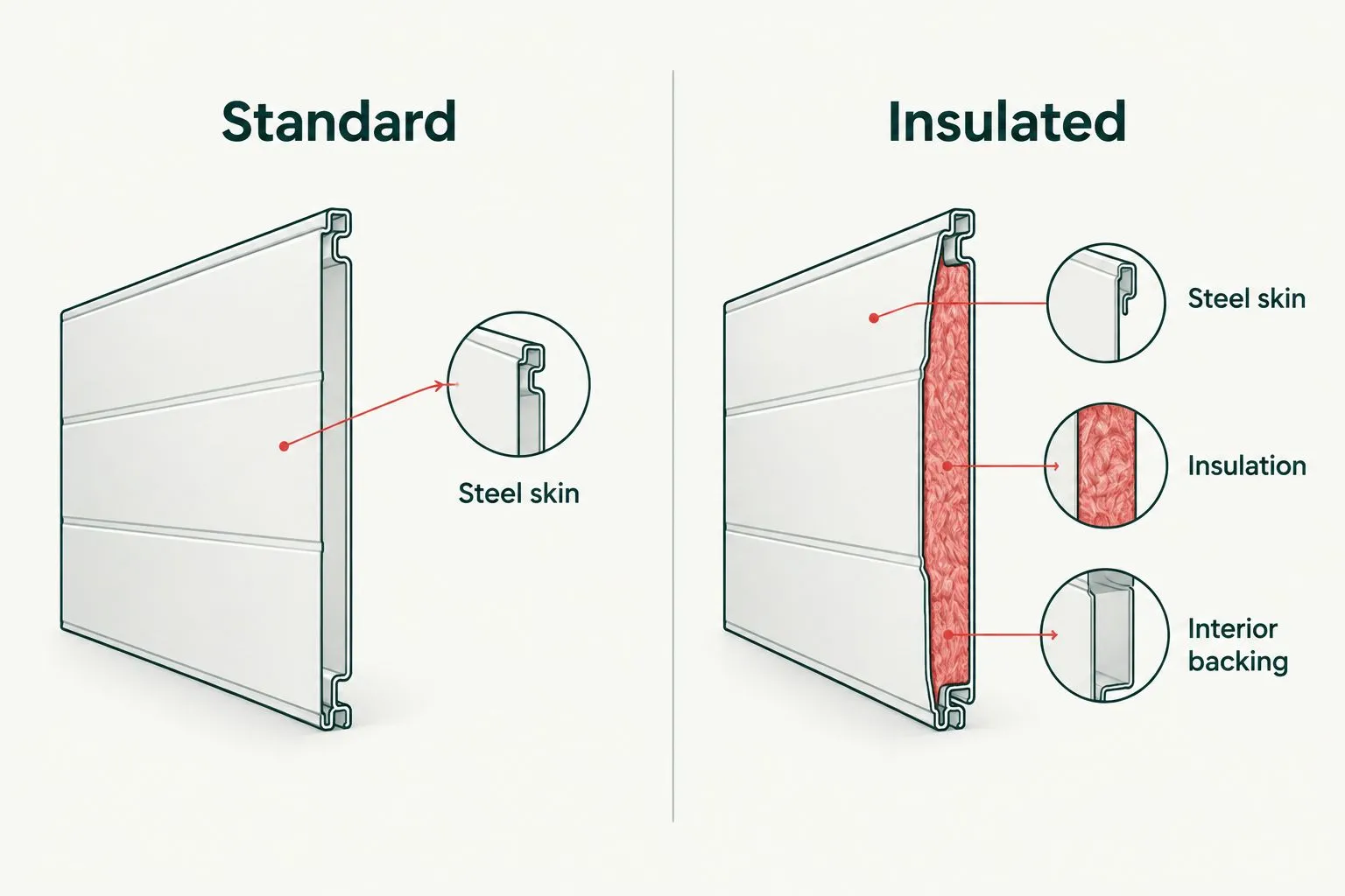 Diagram comparing an uninsulated steel skin with an insulated door section and interior backing