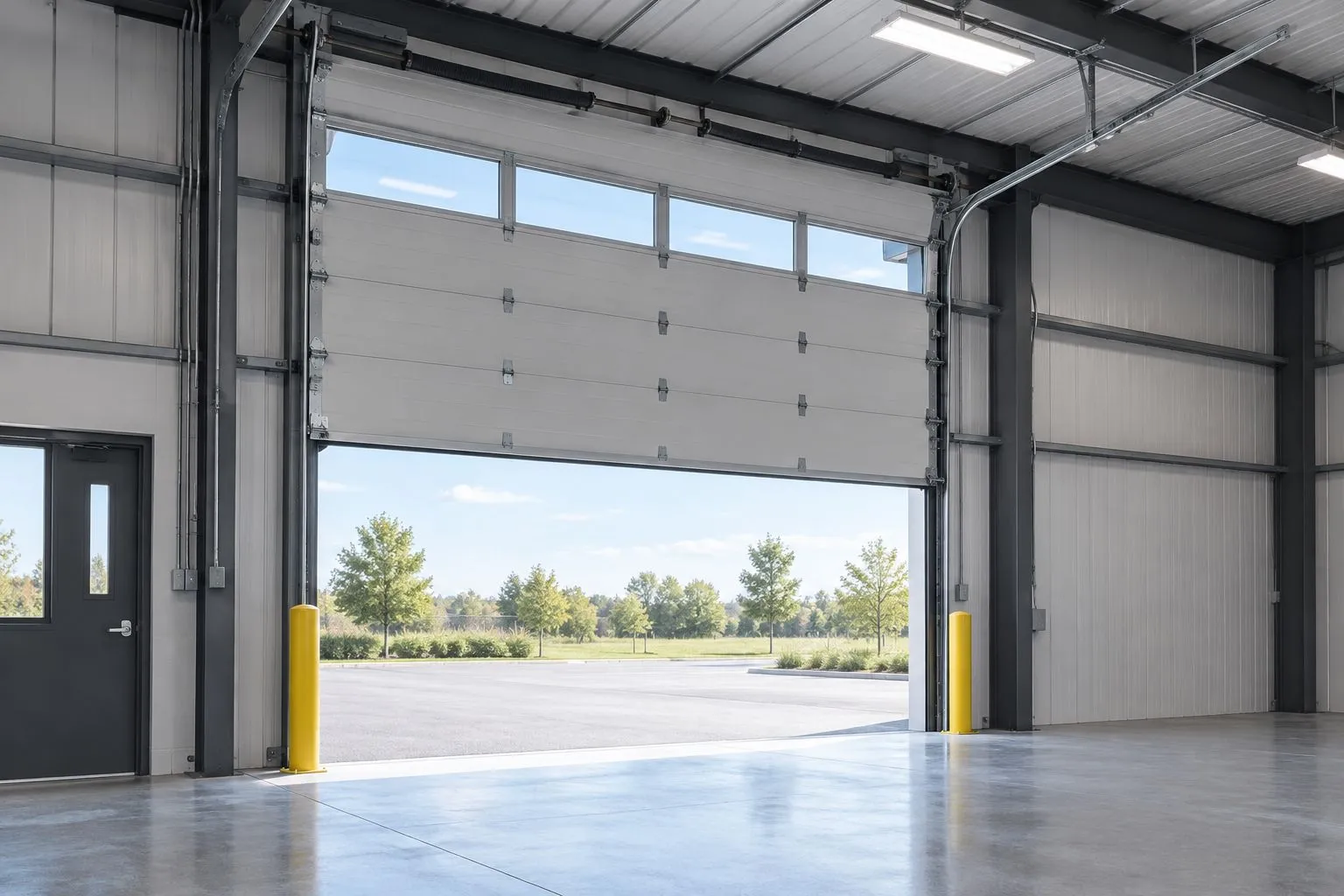 Commercial sectional overhead door with overhead tracks and ceiling beams visible inside a service bay.