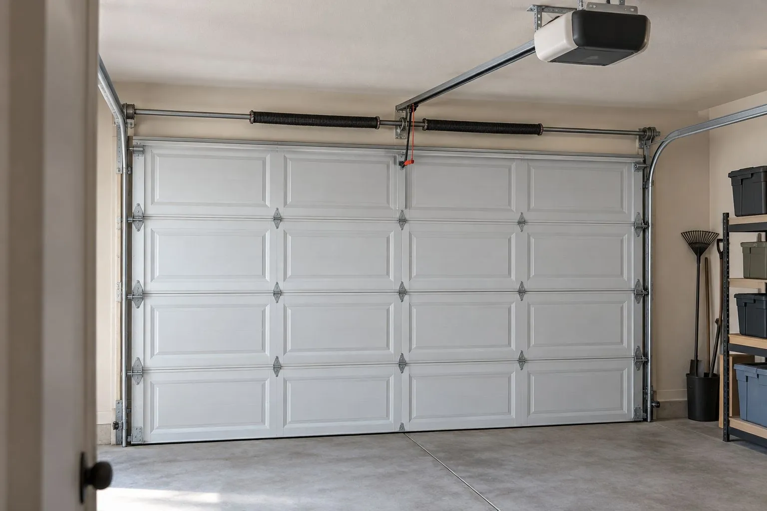Illustration of a closed sectional garage door with overhead tracks and a ceiling-mounted opener.