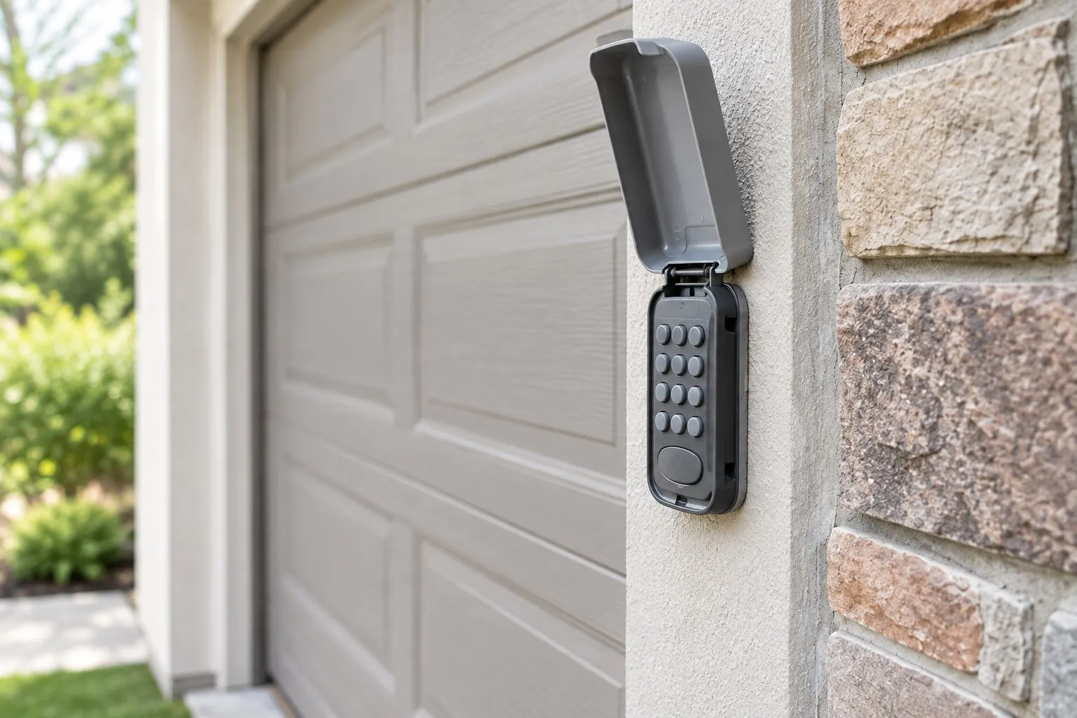 Generic exterior garage keypad with its protective cover open