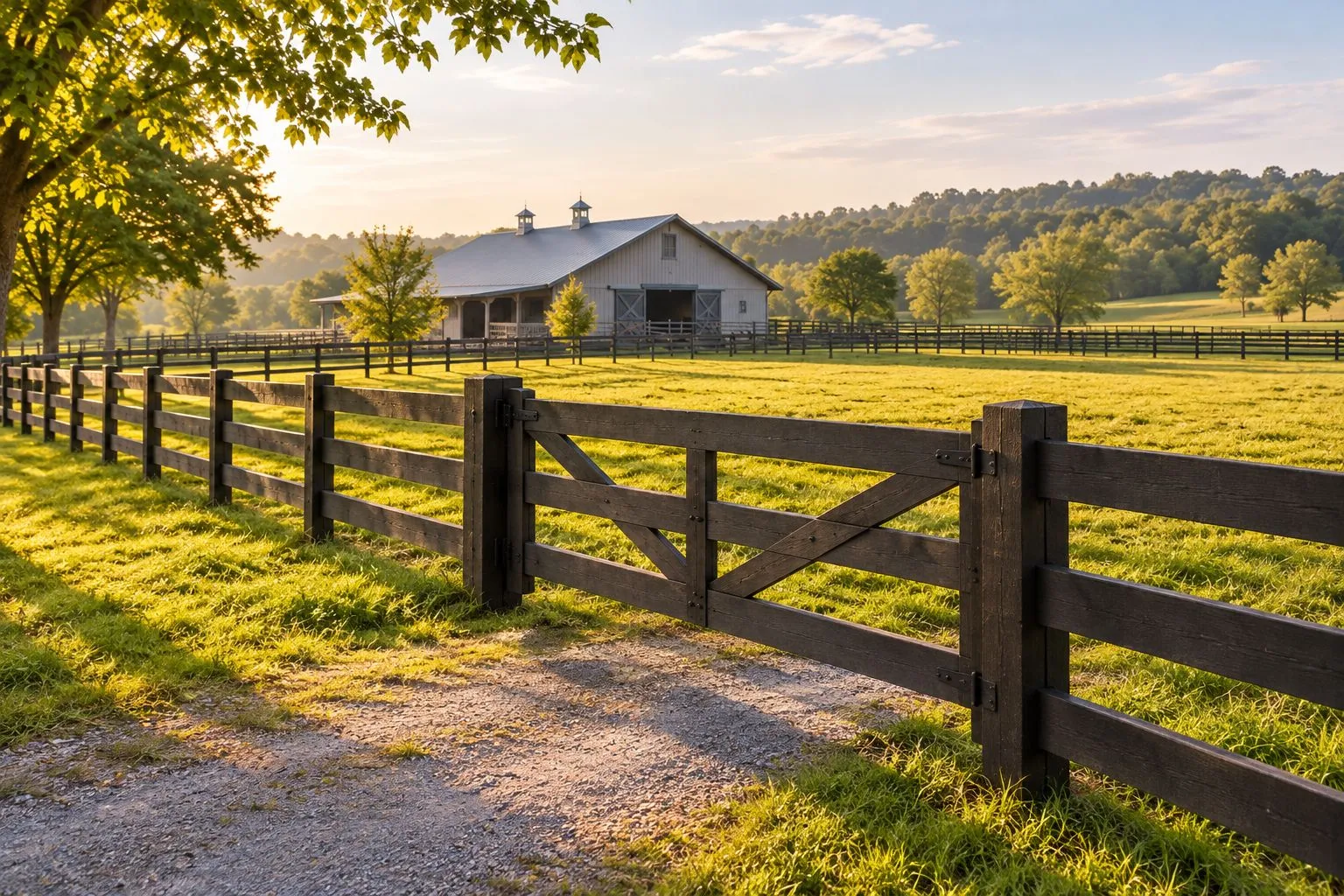 Closed wooden paddock gate joining board fencing beside a clear approach