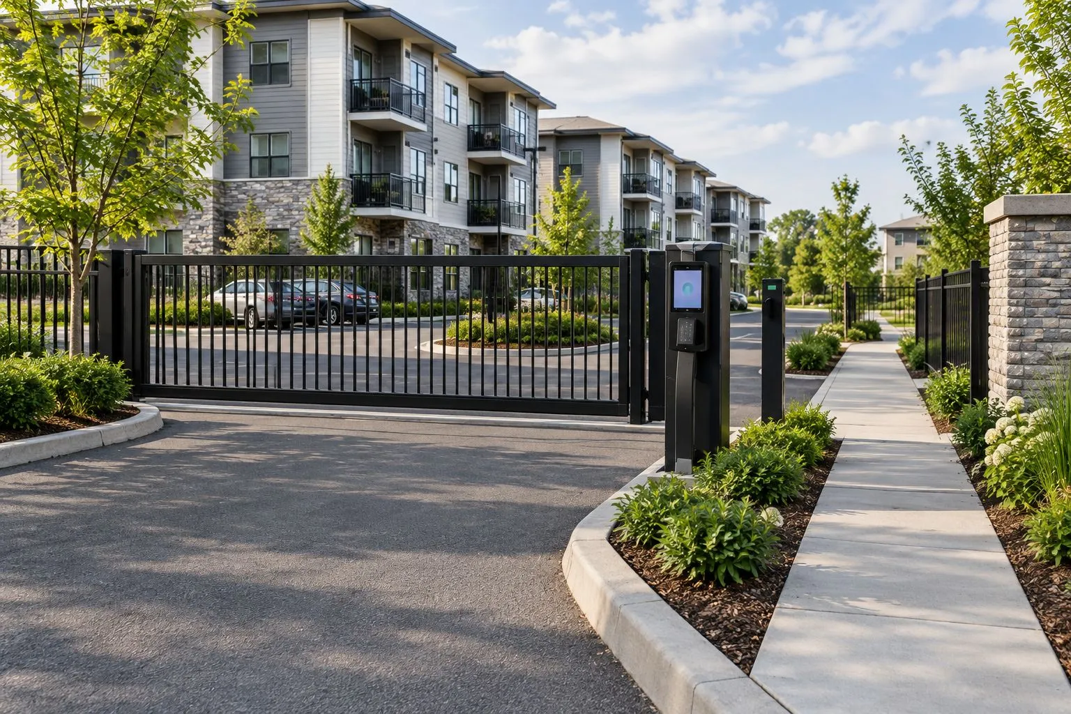Closed sliding vehicle gate with side clearance and a separate pedestrian walkway