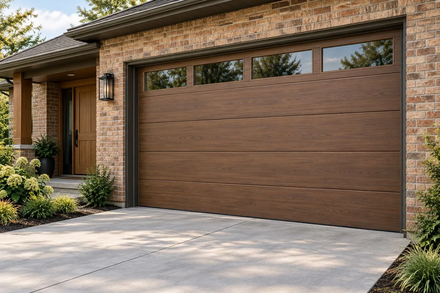 Wood-look garage door beside warm brick and a wood-colored entry door