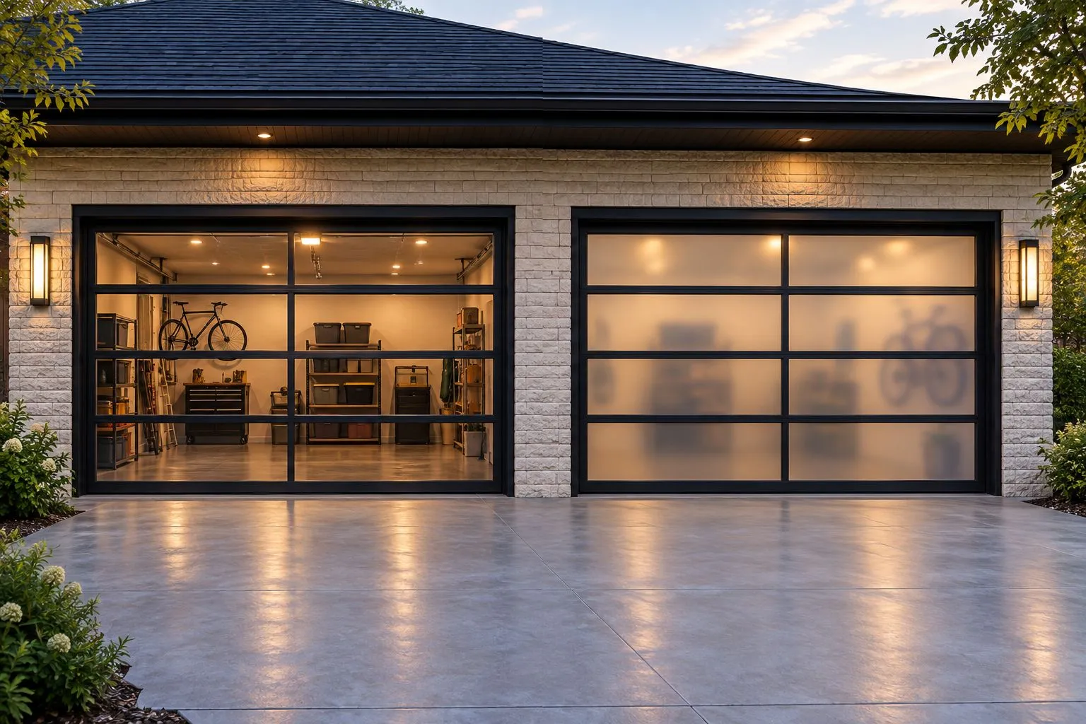 Clear and frosted glazing samples with storage shapes behind them