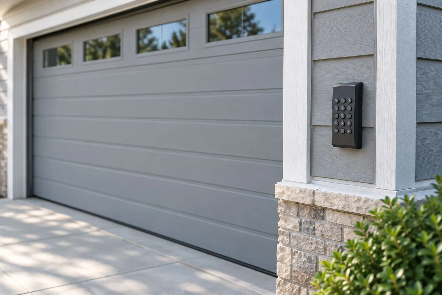 Exterior keypad mounted beside a closed garage door, outside the moving door opening