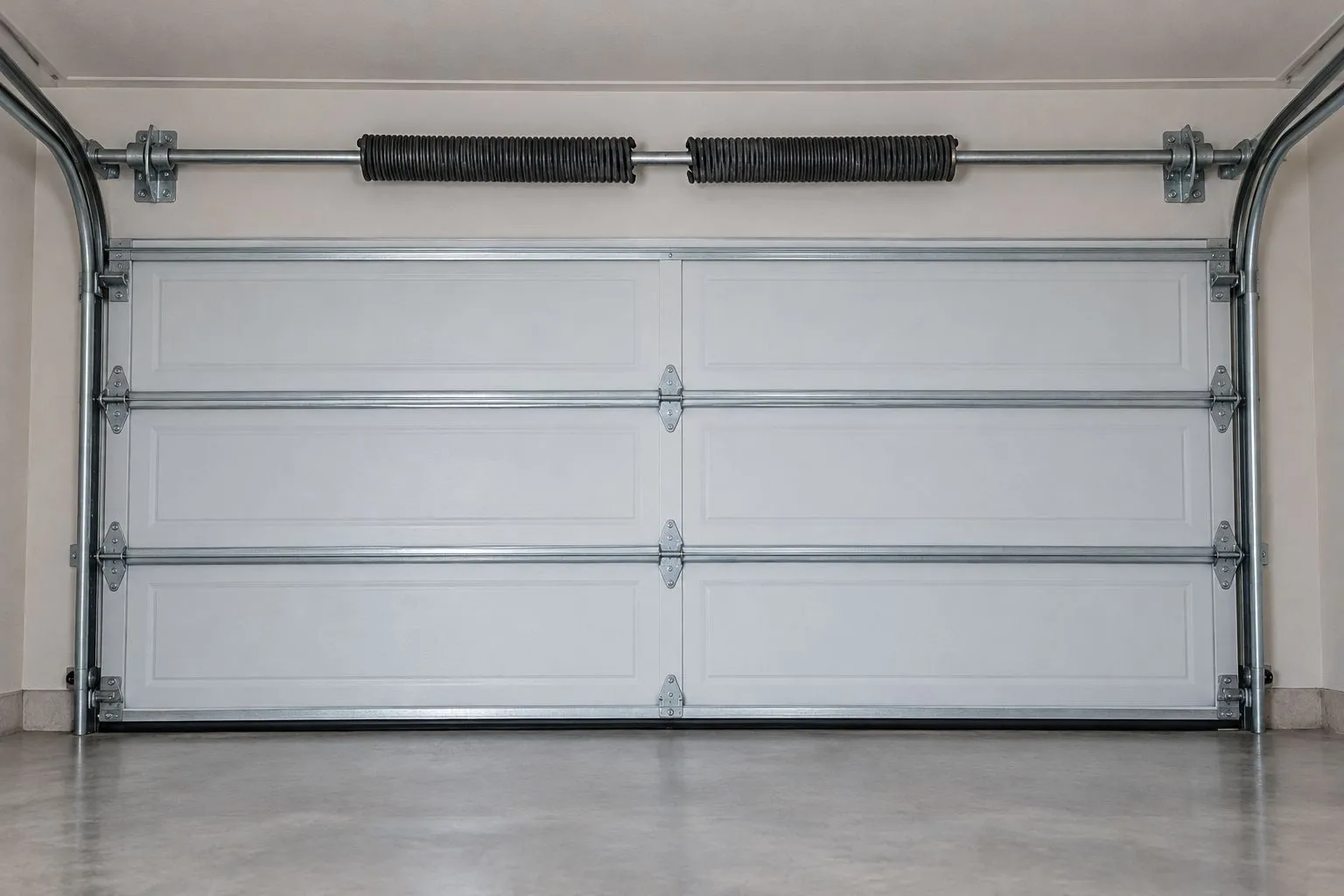 Illustration of a closed garage door with a separated torsion spring above the opening