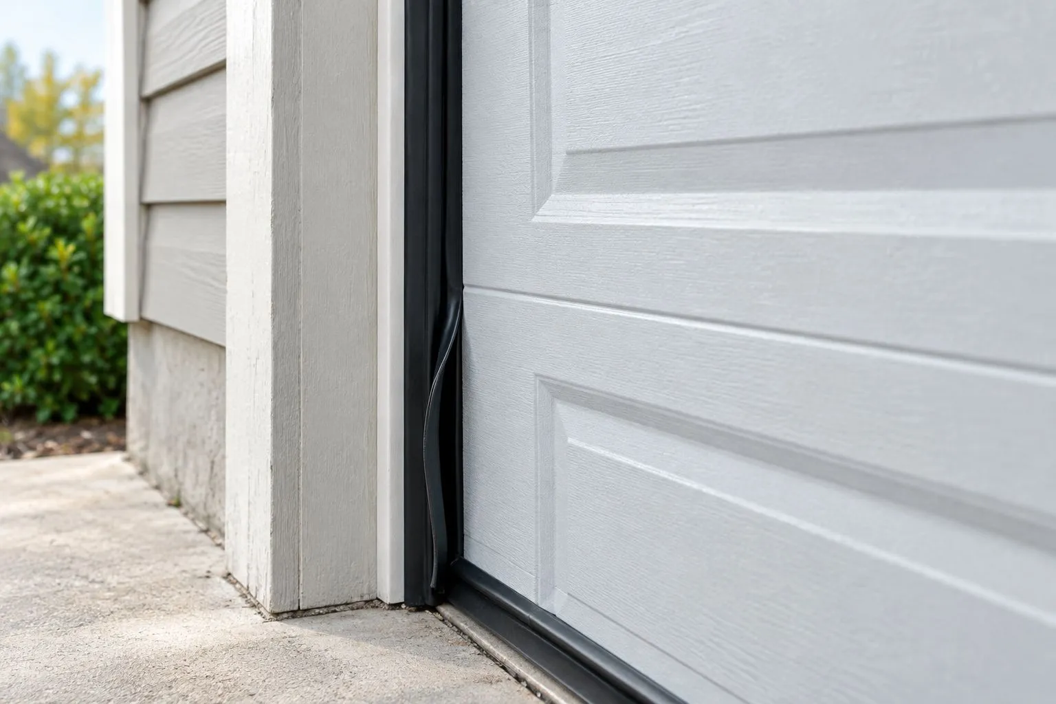 Close-up of a separated side weatherstrip beside a closed sectional garage door