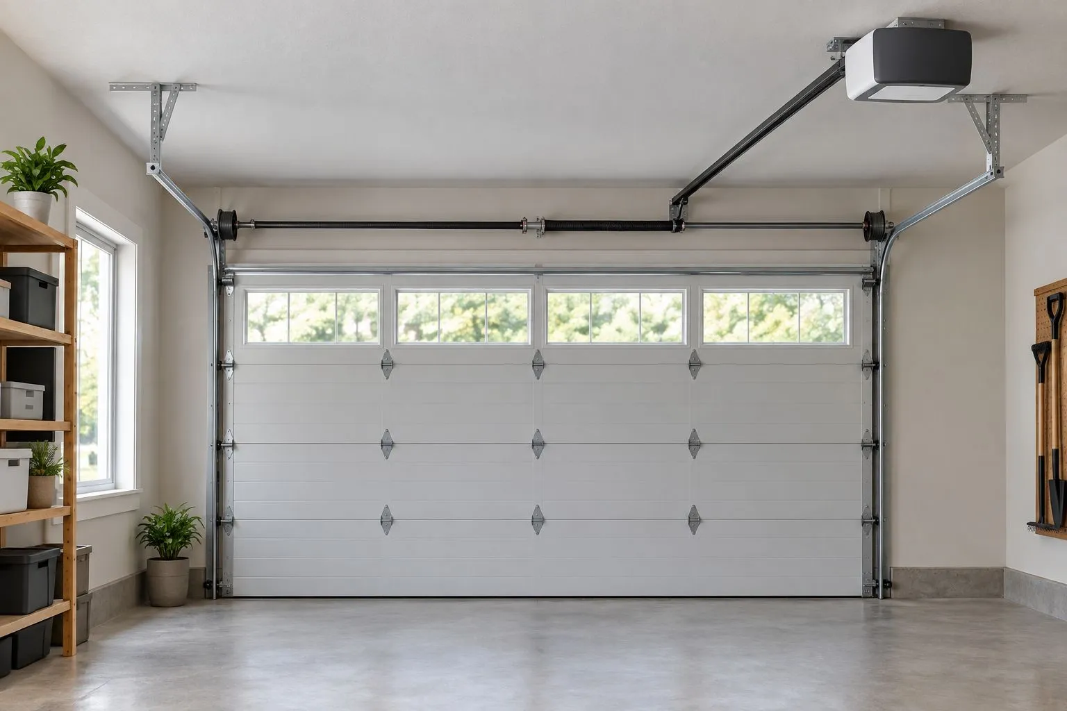Illustrative garage with a wall-mounted opener and no overhead rail