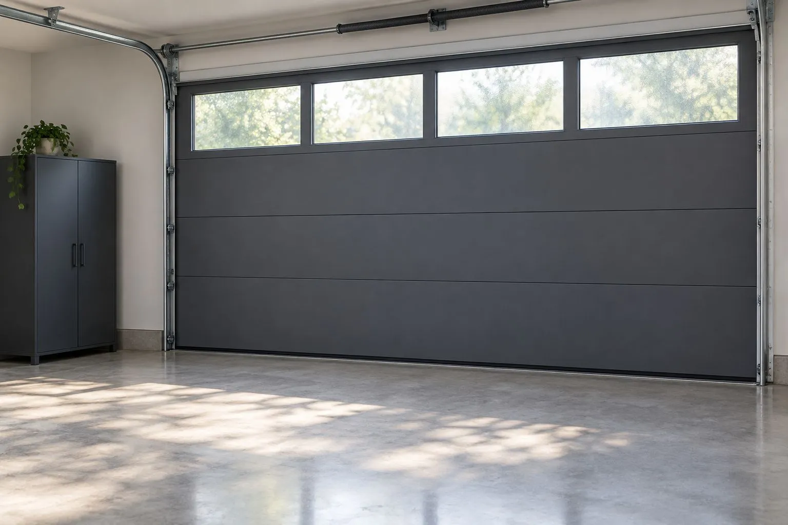 Garage door with high obscured windows and storage away from them